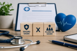 Elementos que representam seguro saúde e plano de saúde, destacando coberturas, reembolso e diferenças entre as modalidades.