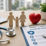 Formulário de plano de saúde com estetoscópio, símbolo de coração e figuras de uma família, representando assistência médica para MEI.
