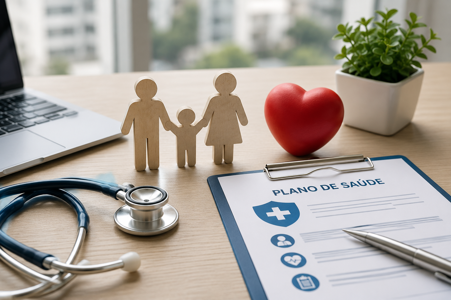 Formulário de plano de saúde com estetoscópio, símbolo de coração e figuras de uma família, representando assistência médica para MEI.