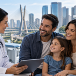 Família de diferentes faixas etárias em atendimento com profissional de saúde, representando a comparação de planos de saúde em São Paulo pela JRQ Saúde.