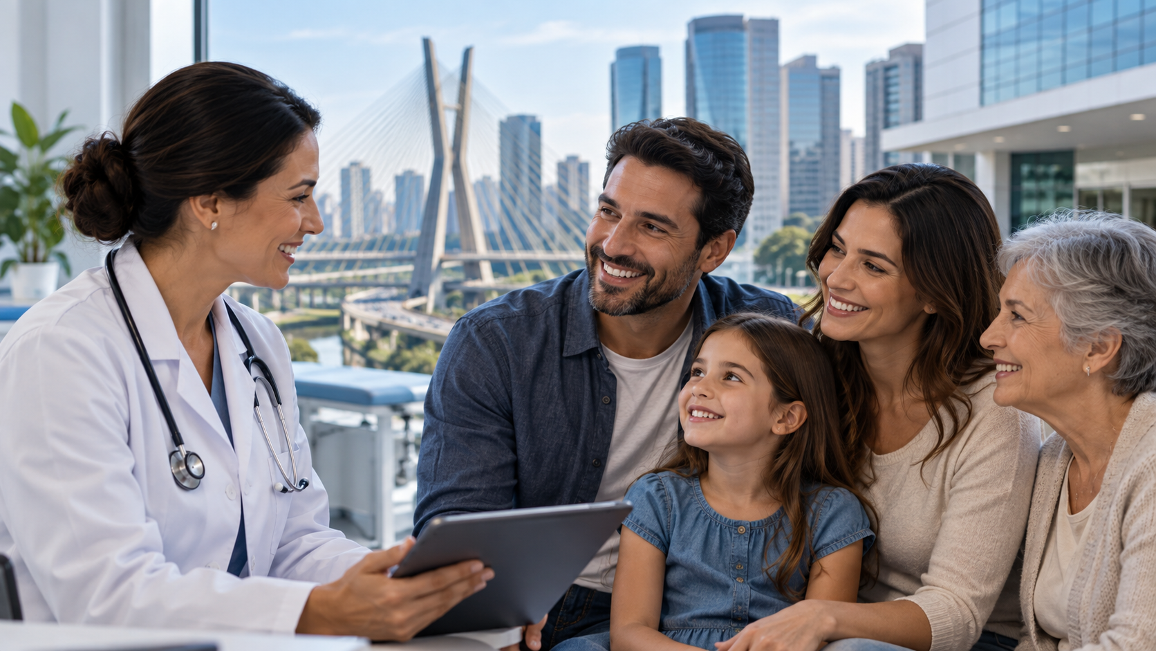 Família de diferentes faixas etárias em atendimento com profissional de saúde, representando a comparação de planos de saúde em São Paulo pela JRQ Saúde.