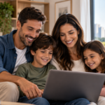 Família reunida pesquisando opções de plano de saúde familiar mais barato em São Paulo.