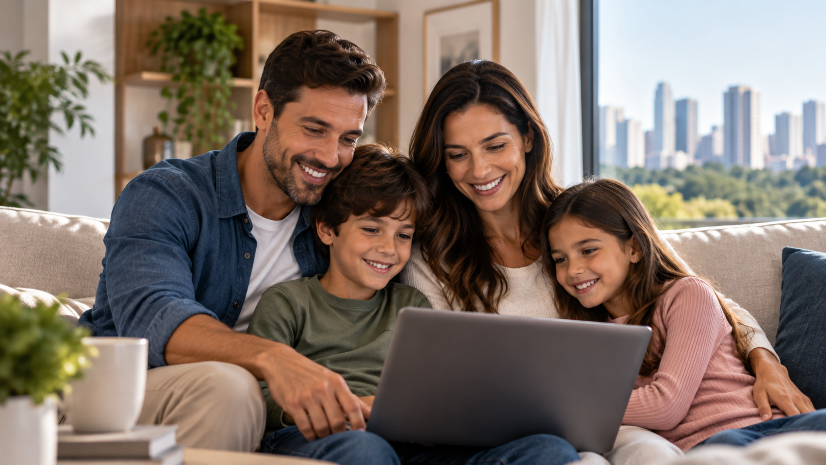 Família reunida pesquisando opções de plano de saúde familiar mais barato em São Paulo.