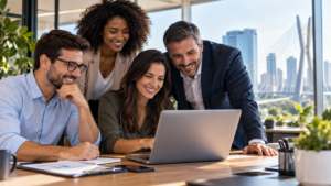 Equipe empresarial reunida analisando opções de plano de saúde empresarial e preços em São Paulo.