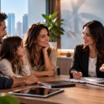 Família conversando com corretora sobre opções de plano de saúde, representando dúvidas sobre a contratação do plano Bradesco individual.