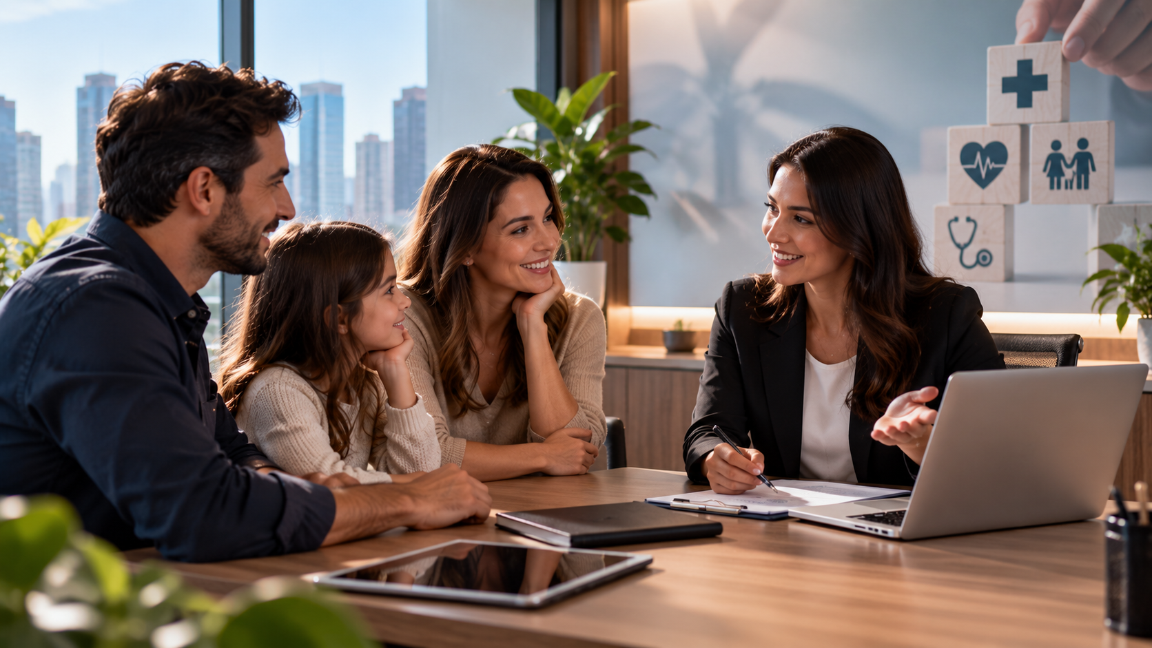 Família conversando com corretora sobre opções de plano de saúde, representando dúvidas sobre a contratação do plano Bradesco individual.