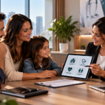 Família conversando com corretora sobre opções, funcionamento e coberturas do plano de saúde Bradesco.